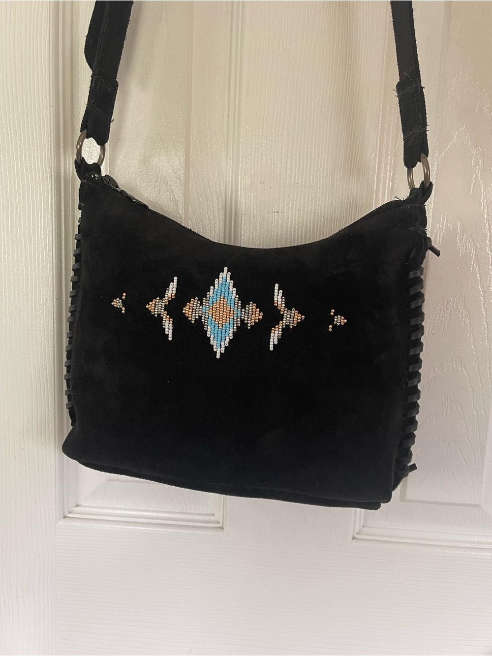 Minnetonka Black Suede Crossbody with Turquoise & Tan Beadwork